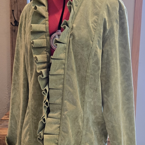 Chicos Celedon Green Ruffle Jacket M Open Front - Picture 6 of 6